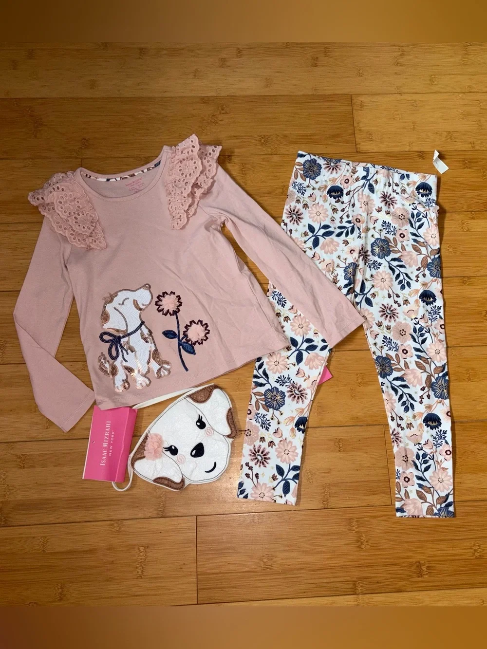 NWT Girl’s Size 5-6 Dog Outfit - LS Top, Print Leggings Pants & Purse Set